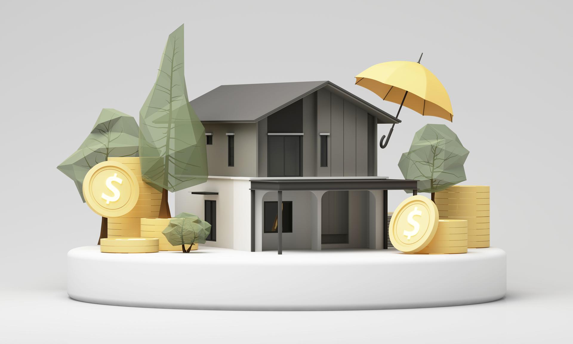 Life goals and financial security, real estate and coin with insurance protection. money saving to loan house, property of financial, money investment. Stack of coins with house model. 3d rendering