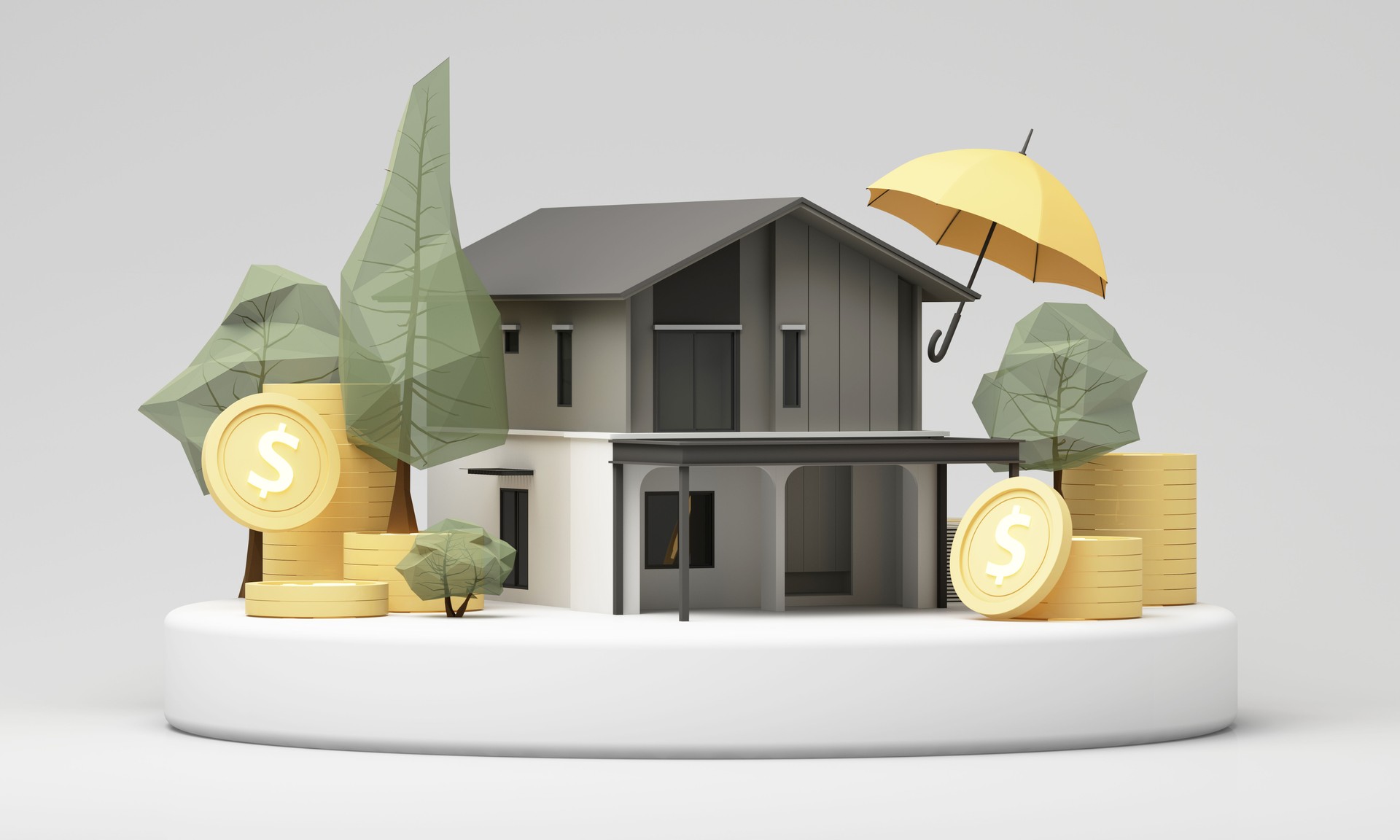 Life goals and financial security, real estate and coin with insurance protection. money saving to loan house, property of financial, money investment. Stack of coins with house model. 3d rendering